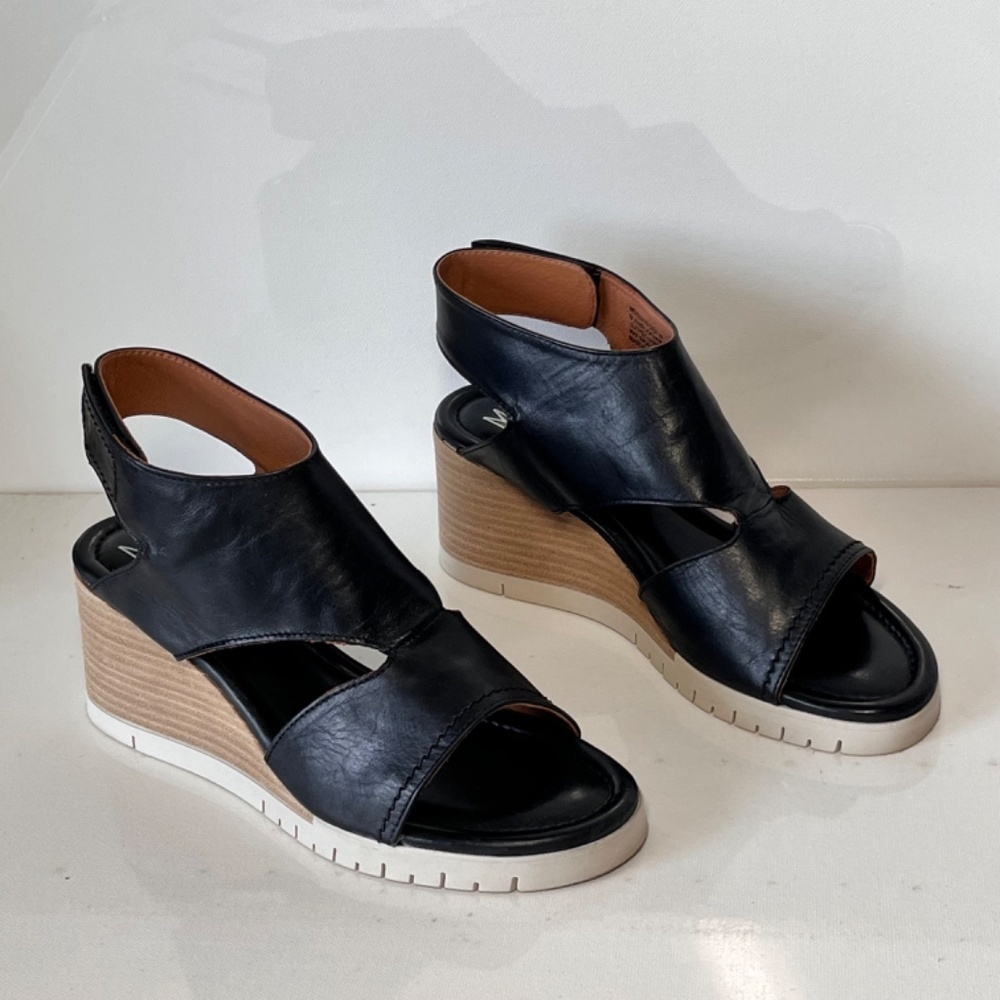 Miz Mooz Black Leather Wedge Sandals - Picture 2 of 8